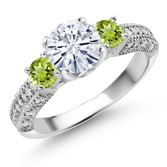 Gem Stone King 925 Sterling Silver White Moissanite and Green Peridot Engagement Ring for Women (1.88 Cttw, Gemstone, Round 7MM and 4MM, Size 6)