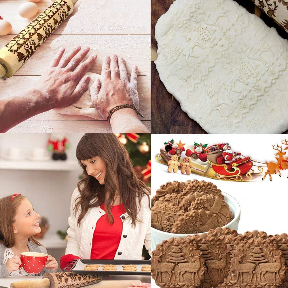 Christmas Wooden Rolling Pins, Engraved Embossing Rolling Pin with Xmas Symbols for Baking Embossed Cookies - image 2 of 7