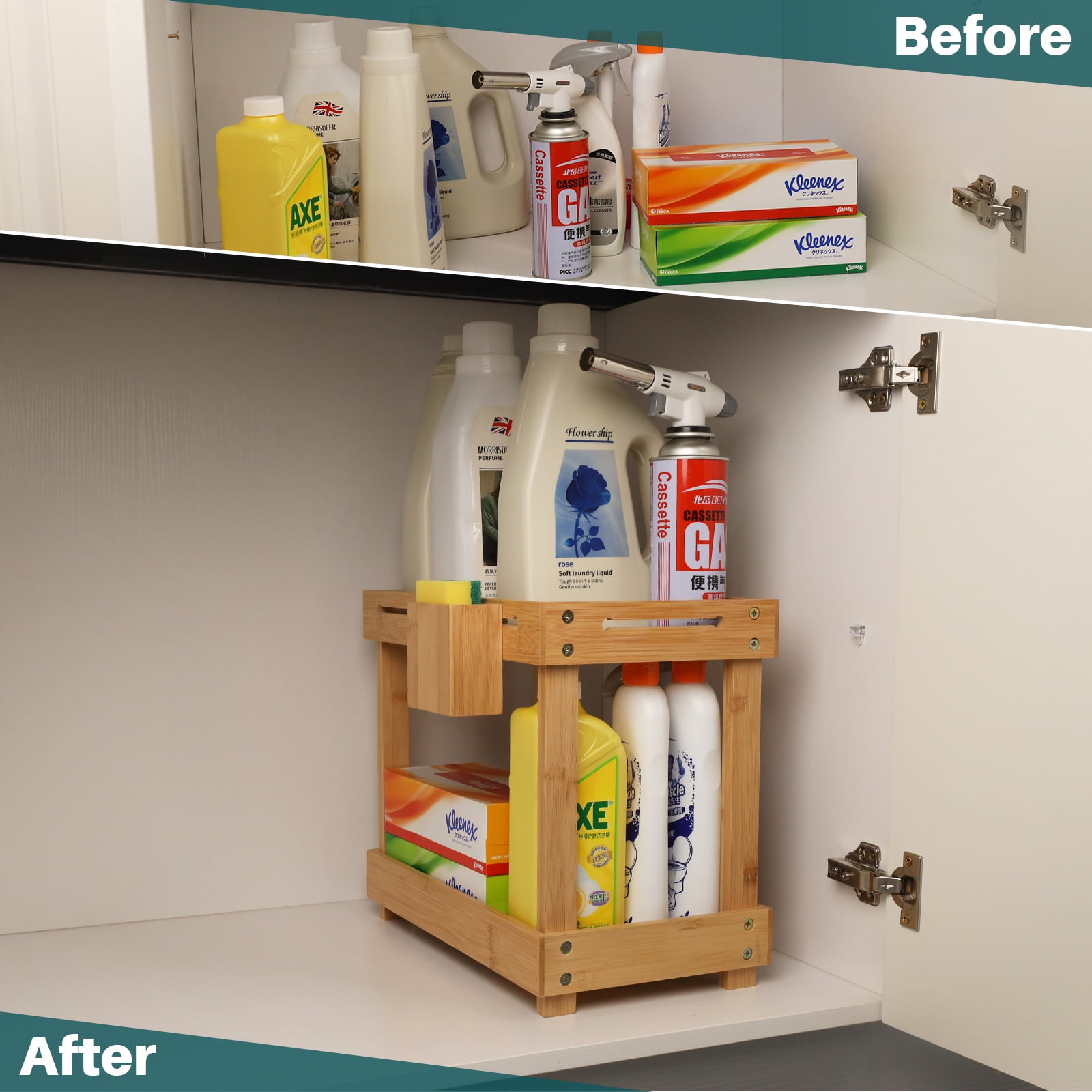 2 Tier Bamboo Under Sink Storage Kitchen Organizer, Kitchen Sink Organiser, Multipurpose Kitchen Cupboard Storage with 6 Bamboo Hooks, 1 Bamboo Hanging Box