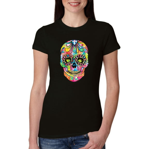 Wild Bobby Dean Russo Colorful Sugar Skull Streetwear Women Slim Fit Junior Tee, Black, Small