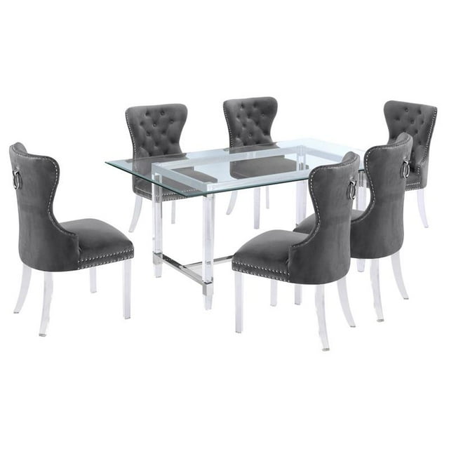 7pc. 68" x 40" Glass Dining Set with 6 Chairs and Silver Stainless Steel
