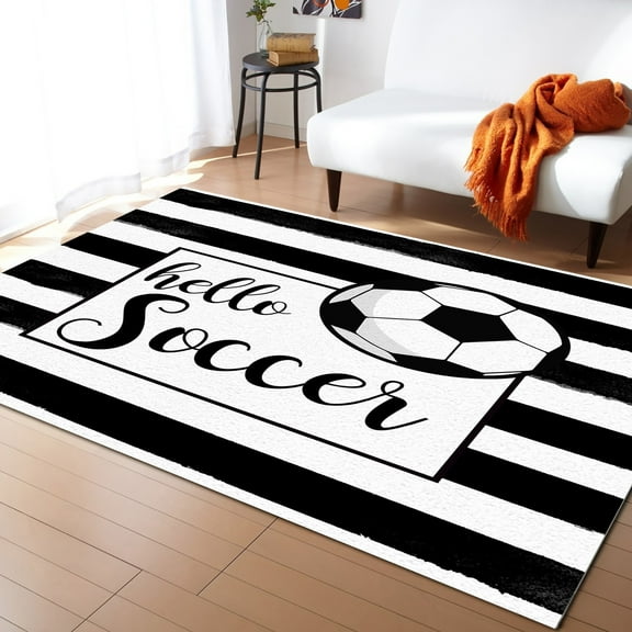 Area Rug 4'x6' Hello Soccer Black and White Stripe Washable Area Rugs Non Shedding Floor Carpet Rubber Backing Non-Slip Indoor Mats for Living Room Bedroom Kitchen