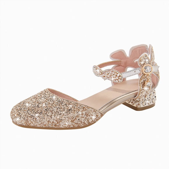 Ymyiu Girl Mary Jane Shoes Girls Dress Shoes Mary Jane Wedding Party Shoes Glitter Bridesmaids Princess Heels Size 4.5(Gold, Big Kids 4.5)