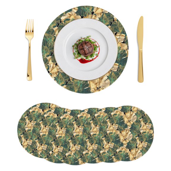 Round Placemats Gold Green Ginkgo Leaf 15 inch Set of 6 Table Mats for Dining Table Leaves Plant Heat Resistant Non-Slip Kitchen & Home Decorative Place Mat Set