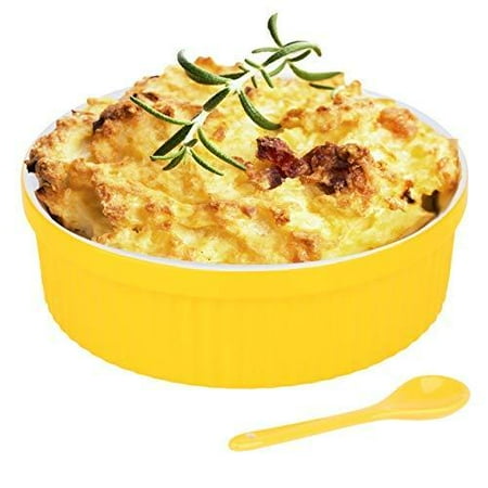 Souffle Dish Ramekins for Baking – 32 Oz, 1 Quart Large Ceramic Oven Safe Round Fluted Bowl with Mini Condiment Spoon for Soufflé Pot Pie Casserole Pasta Roasted Vegetables Baked Desser