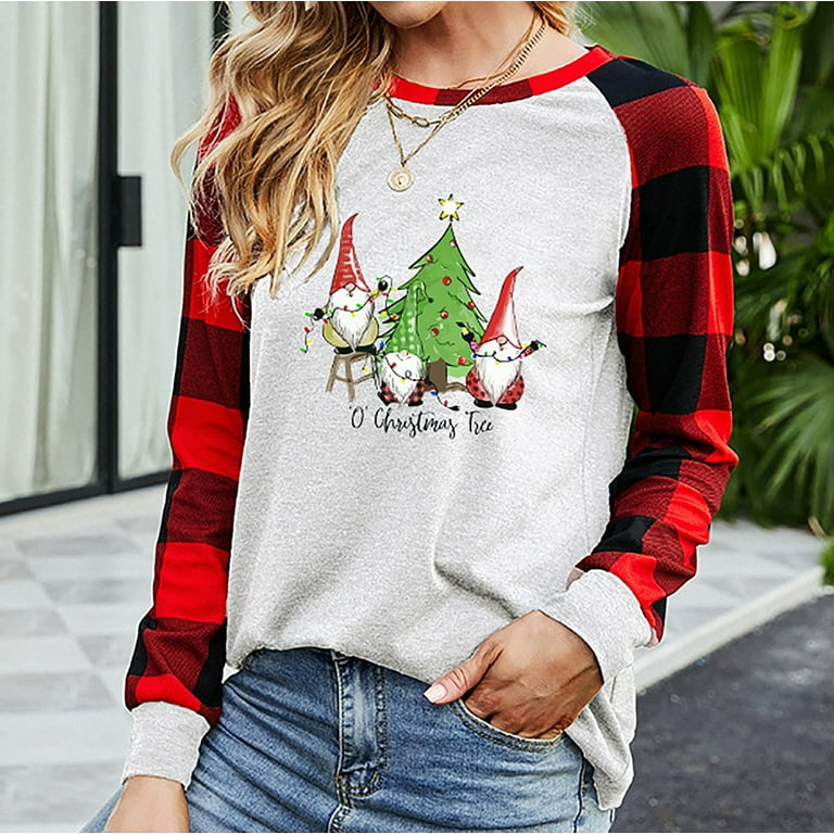 PRINxy Camisa de Navidad para mujer Sudadera con estampado de retazos a  cuadros de manga larga a la moda 