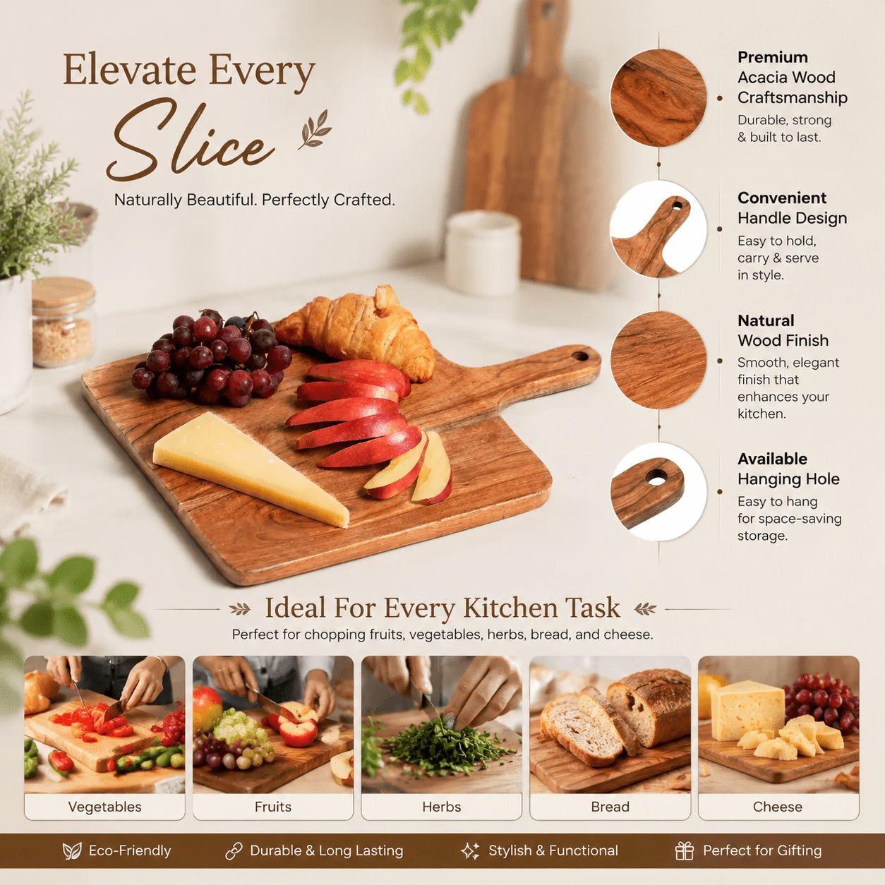 Handcrafted Acacia Wood Chopping Board with Handle, Natural Wood Grain, Multi-Purpose Kitchen Essential