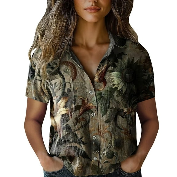 Flmaly Womens Summer Tops Business Casual Women Cotton Shirt Printed Fashion Down Shirts Casual Tops Short Sleeve Blouse Cute Tops for Women