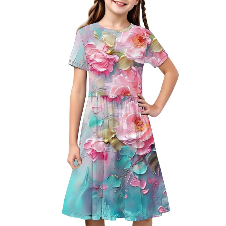 MKOSPLRT Girl's Summer Dresses Short Sleeve Casual Holiday Skater Twirl  Dresses Boho Floral Print A Line Dress Swing Flowy Midi Dress - Walmart.com