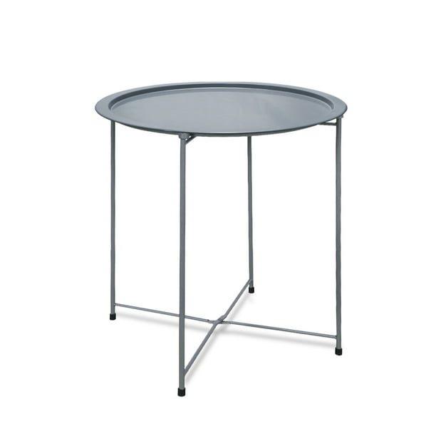 Folding Tray Metal Side Table Round End Table, Blue Sofa Small Accent