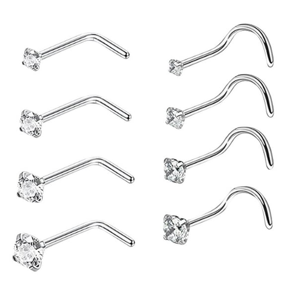 8Pcs Stainless Steel Nose Ring Nose Body Piercing Jewelry Diamond Nose Stud (Silver)