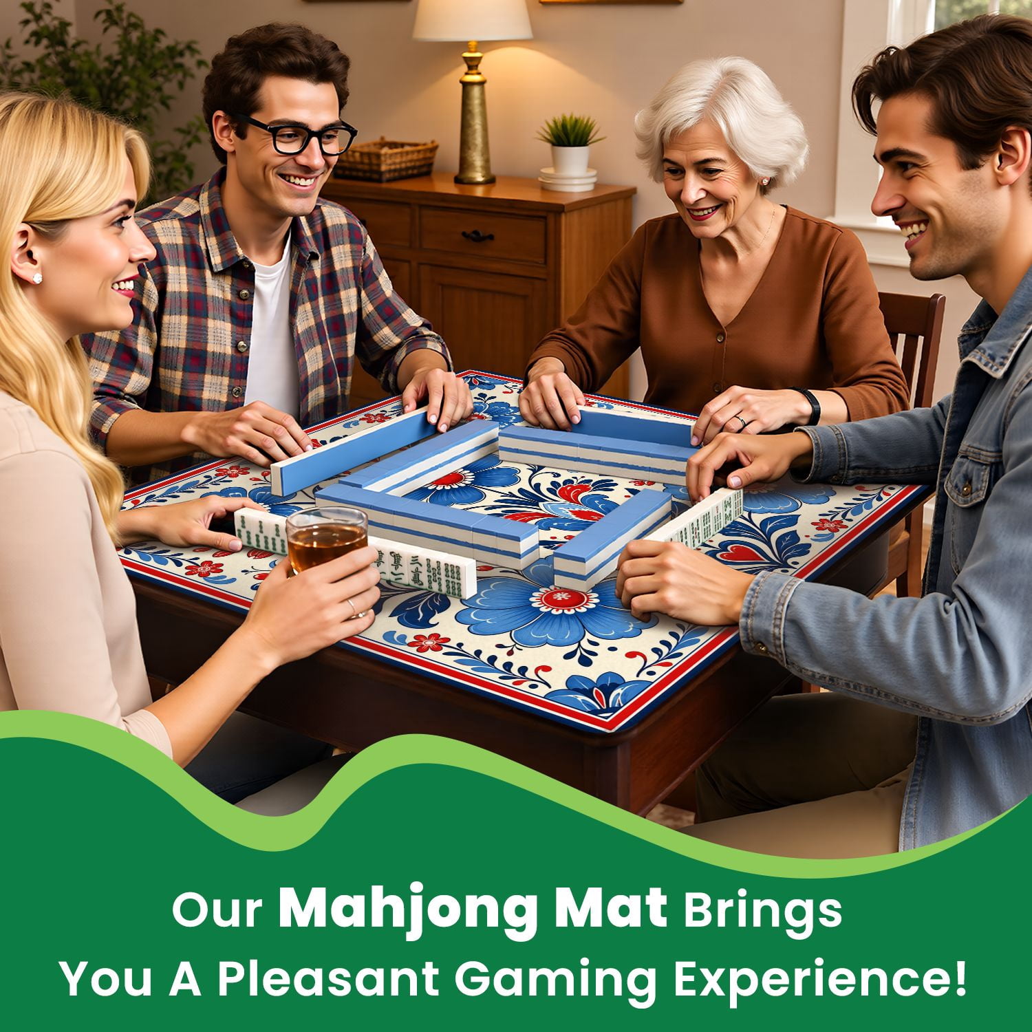Mahjong Mat 31.5" x 31.5" Floral Red Blue Yellow Flowers patriotic Non-Slip Noise Reduction Mahjong Tiles Table Cover for Dominoes Poker Card Board and Tile Games