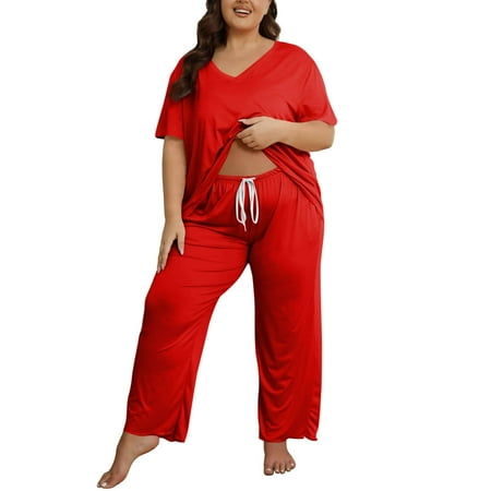 Posijego Womens Plus Size Pajama Sets 2 Piece Outfit Short Sleeve Sleepwear Pjs Long Pants Matching Loungewear Sets