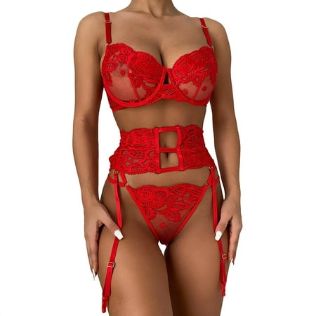 

Pedort Lingerie Women s Soft Lace Lingerie Set See Through Underwear Lace Underwire Sheer Bra and Panty Set(Red XL)