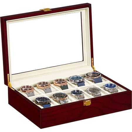 SONGMICS Watch Box 10-Slot Watch Case with Large Glass Lid Removable Watch Pillows Velvet Lining Watch Box Organizer Gift for Loved Ones Cherry Color