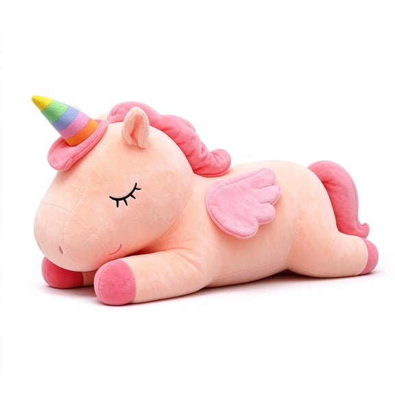 Unicorn Stuffed Animal Plush Pillow, Soft Cuddly Long Body Unicorn Plush Toy, Rainbow Horn Winged Unicorn Plushie for Birthday Gift Room Decor, 5 Sizes 5 Colors