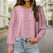Sweater Clearance Yay Women Summer Stylish Casual Loose Full-Sleeve Solid Lace Chiffon Patchwork Round Neck Blouse Pink L