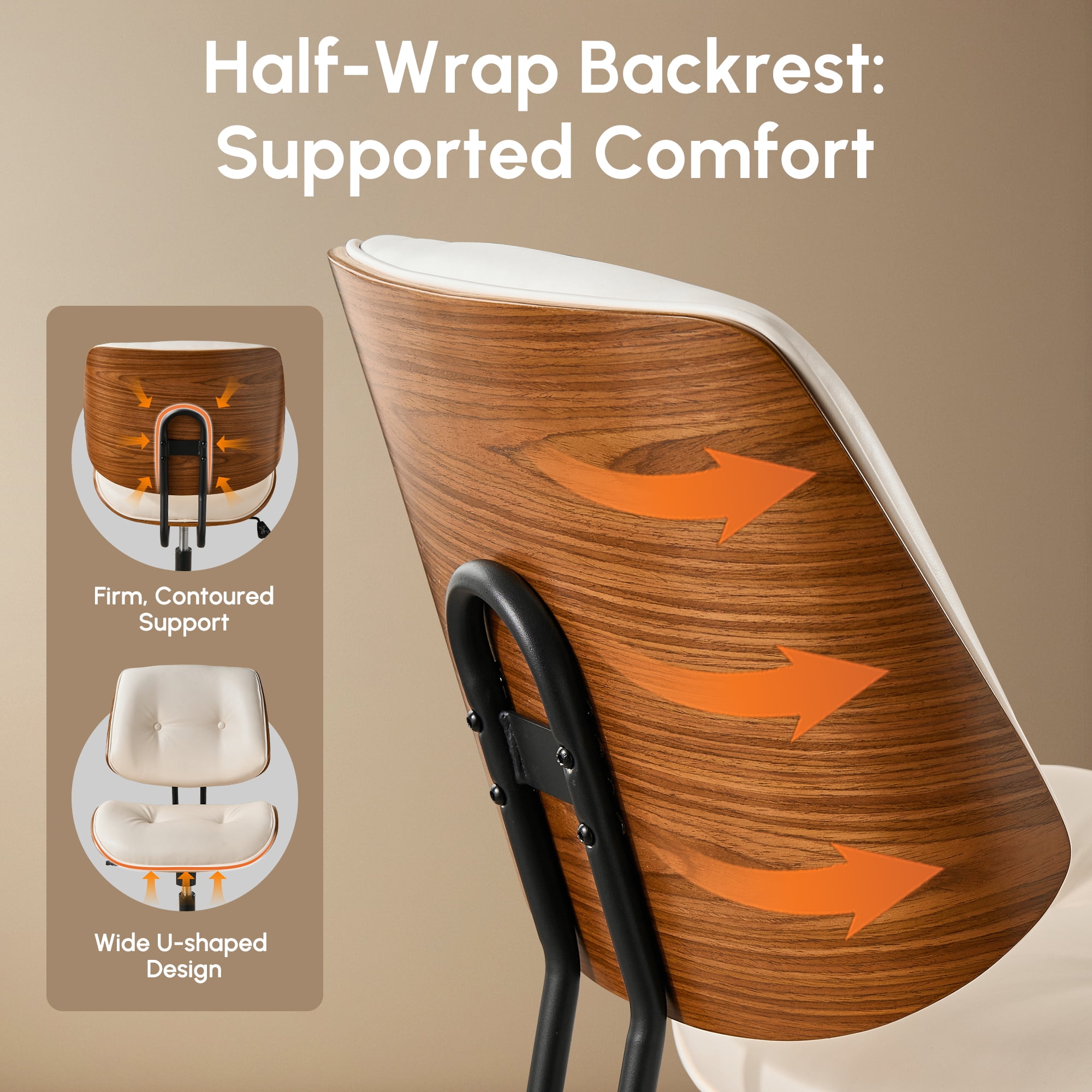 XIZZI Home Office Chair, Armless Mid-Century Ergonomic Desk Chair with 3" Thick Cushion, Premium PU Leather Mid Back 360 Swivel Computer Chair with Walnut Design, Button-Tufted White