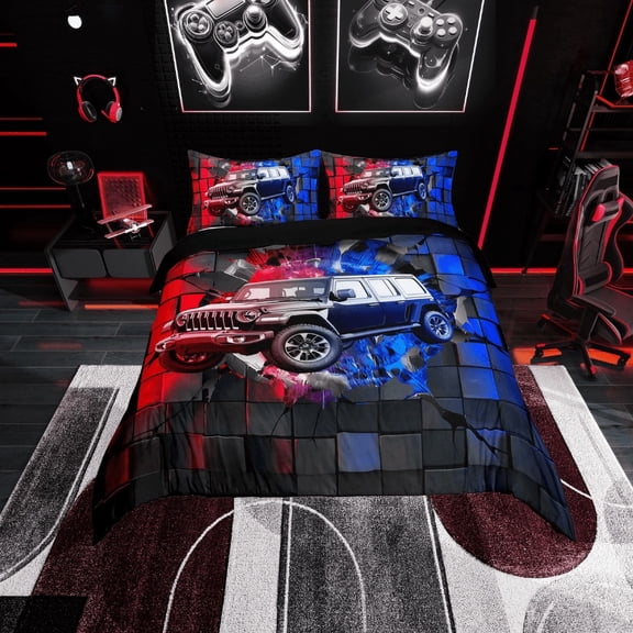Erosebridal Racing Car Comforter Cover Twin,Geometric Buffalo Bedding Twin Size,Blue Red Duvet Cover Twin,Lightweight Car Room Decoration,Reversible,3pcs(No Comforter)