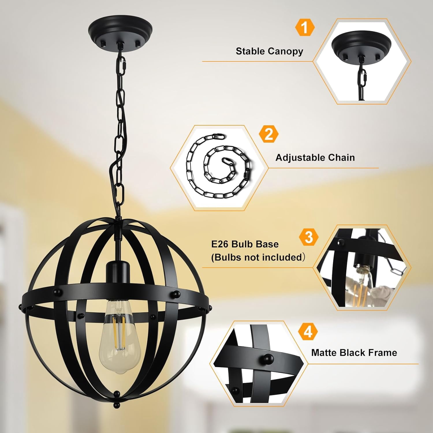 DingLiLighting Vintage Globe Pendant Hanging Light, Flush Mount Ceiling Chandelier Lamp with Metal Spherical Shade for Living Room Dining Kitchen Island Hallway Bedroom,E26 Base Matte Black