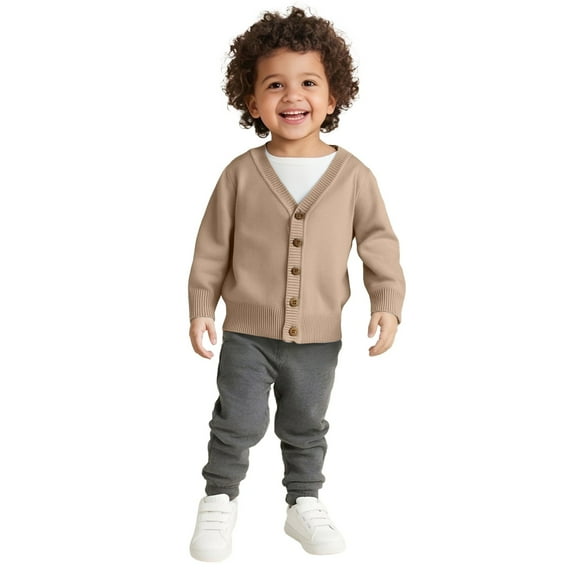 SGMVNU Girls Sweaters Classic Button Front Cardigan Knit Sweater for Girls and Boys Comfortable Open Front Coat for Kids(Size 5-6 Years, Khaki)
