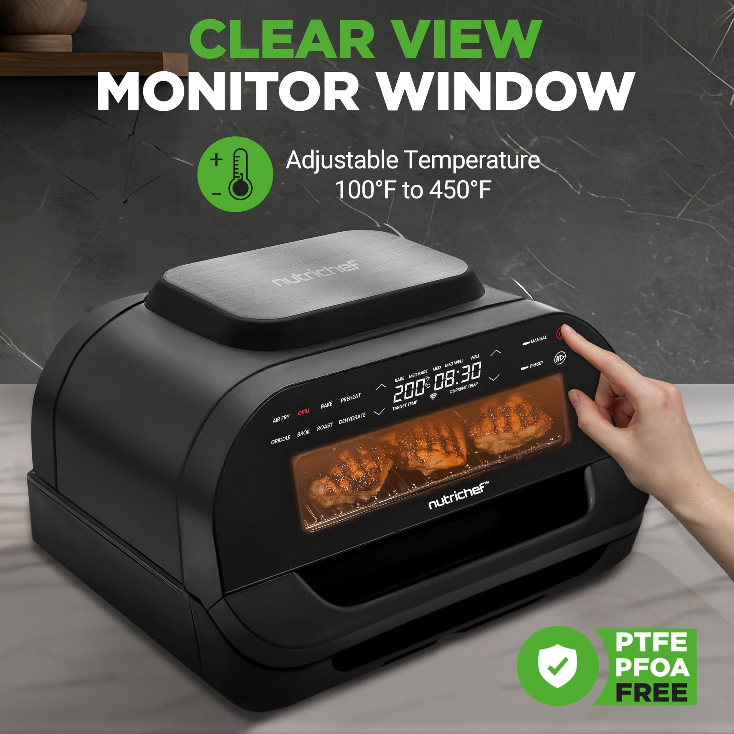 NutriChef Indoor Smokeless Grill Smart Grill & Air Fryer with 7 Cooking Functions 6L Capacity Includes Smart Thermometer Precise Temperature Control Non-Stick Removable Grill Plates
