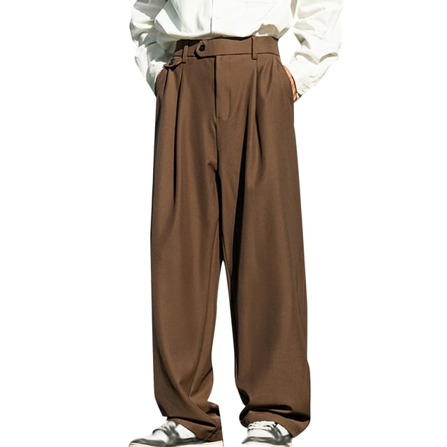 Pantalones de vestir holgados con pliegues para hombre, cintura elástica, mezcla de poliéster y algodón, para ocasiones formales y casuales (S-XL)