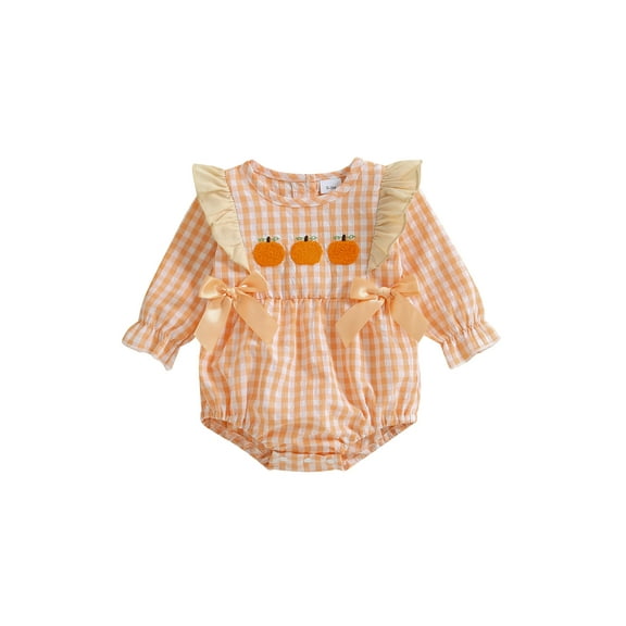 Miaouyo Infant Baby Girls Halloween Plaid Romper 0 3 6 12 18 Months Pumpkin Embroidery Long Sleeve Round Neck Bow Jumpsuit