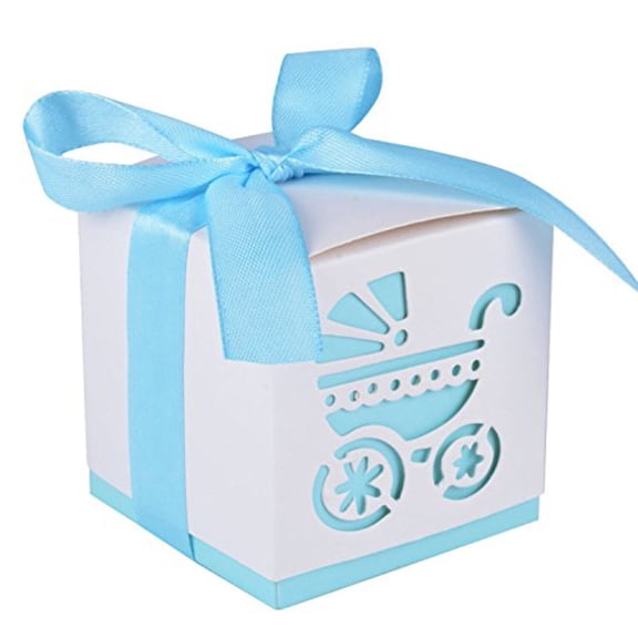 2.3" Cube Paper Favor Box with Blue Ribbon and Baby Stroller Pattern -12 Pieces