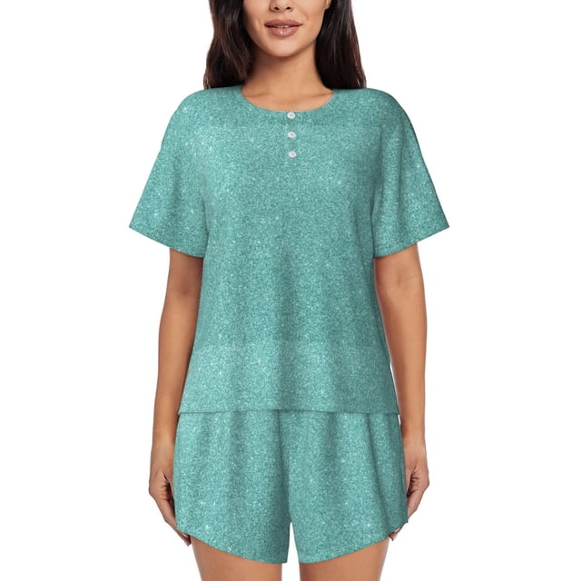 Fotbe Teal Green Glitter Conjunto de Pijama Estampado para Mujer, 2 Piezas, Ropa de Dormir con Camiseta de Manga Corta y Shorts Suaves-4X-Large