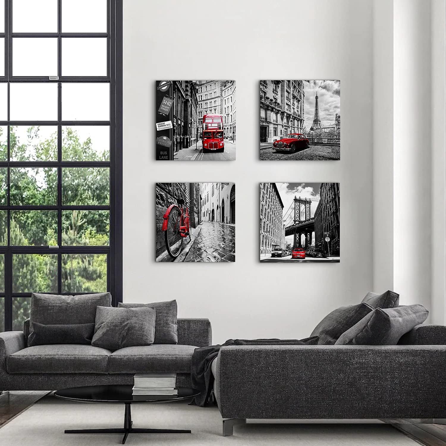 Black and White City Wall Art Red Paris Wall Decor for Bathroom Living Room New York London Italy Cityscape Pictures Canvas Prints Modern Framed Artworks Bedroom Office Kitchen Decorations 16×16" 4 P