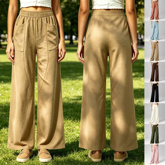 Women's Elastic Waist Loose Casual Pants, Solid Color Long Trousers with Pockets for Daily Home | TruBelle,Army Green L