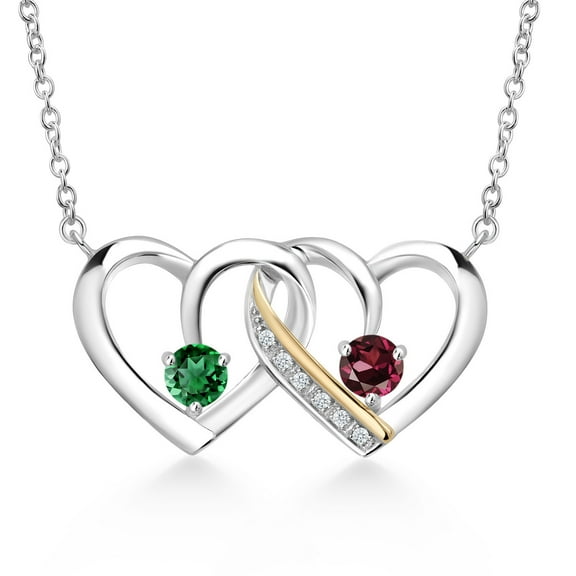925 Silver and 10K Yellow Gold Green Nano Emerald and Red Rhodolite Garnet and White Lab Grown Diamond Interlocking Heart Pendant Necklace for Women (0.70 Cttw, May Birthstone, with 18 inch Chain)