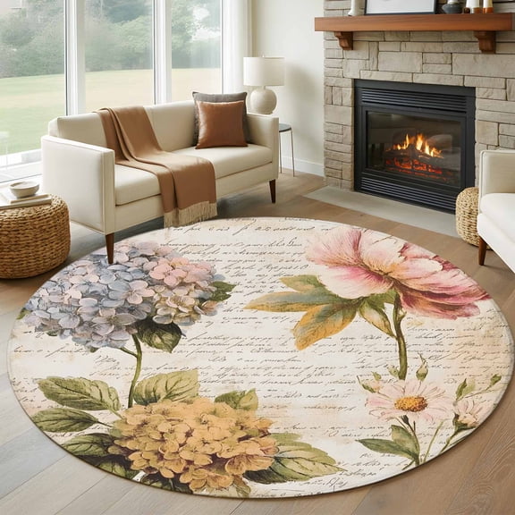 Vintage Hydrangea Floral Round Area Rug 5 FT, Non Slip Bedroom Rugs, Spring Botanical Flowers Washable Soft Circular Carpet Non-Shedding Floor Mat for Kitchen Dining Room Foyer Balcony Dorm
