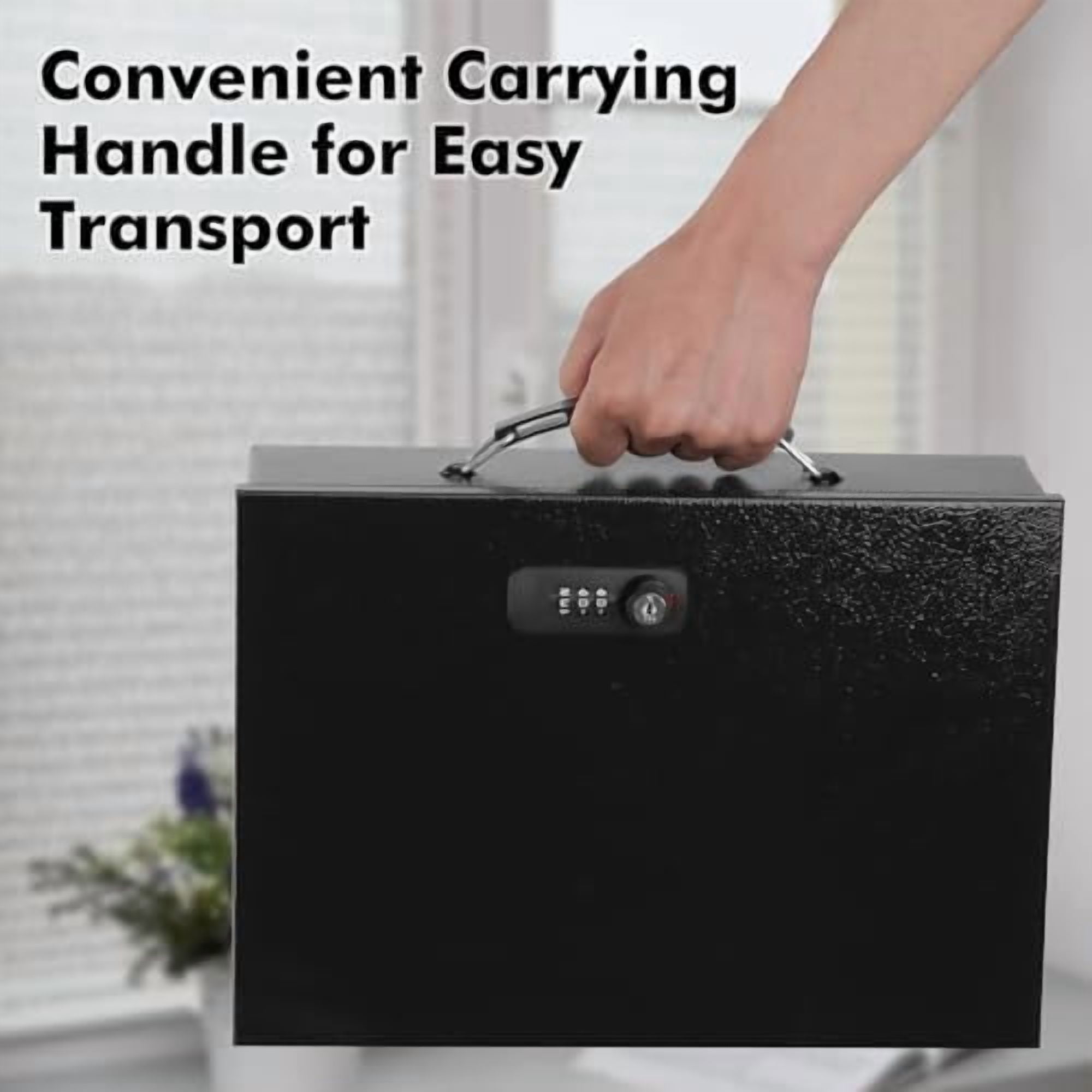 Fireproof Lock Box for Documents, Dual Combination and Key Lock Security with Carrying Handle, Metal Strong Safe Box to Keep Personal Items, Documents, Exterior 13.2''x 11''x4.13'', Black