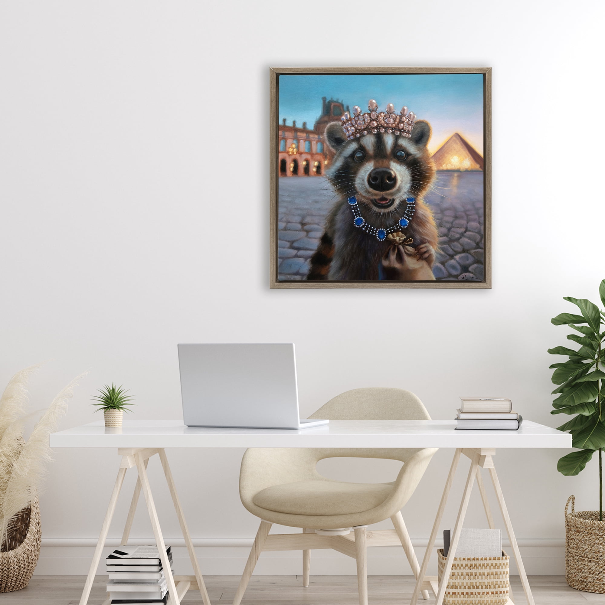 Stupell Industries Louvre Loot Raccoon Brown Framed Floater Canvas Wall Art, design by Lucia Heffernan