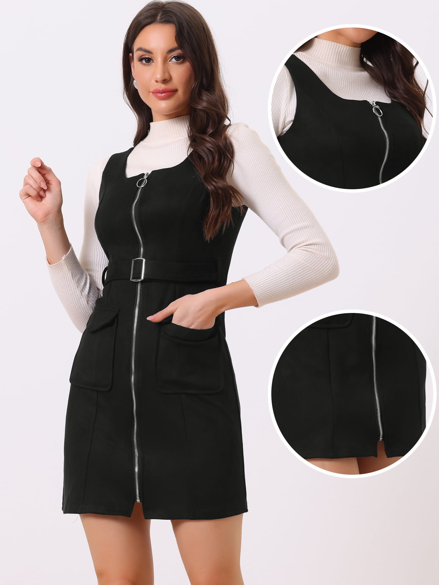 DARING DIVA Women's Faux Suede Round Neck Sleeveless Belted Pinafore Dress M Black