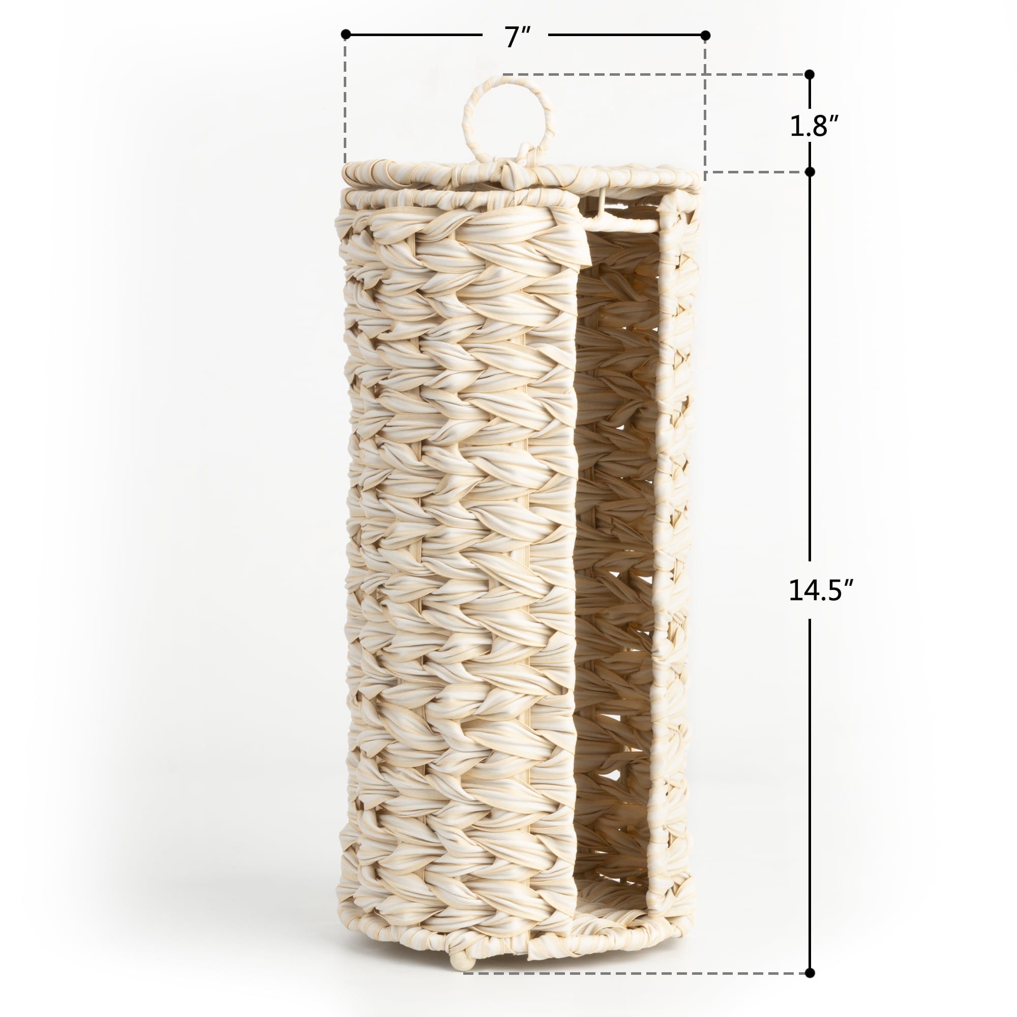 Freestanding Toilet Paper Holder with Lid, Wicker Toilet Roll Holder, Bathroom Storage Basket, Round, White