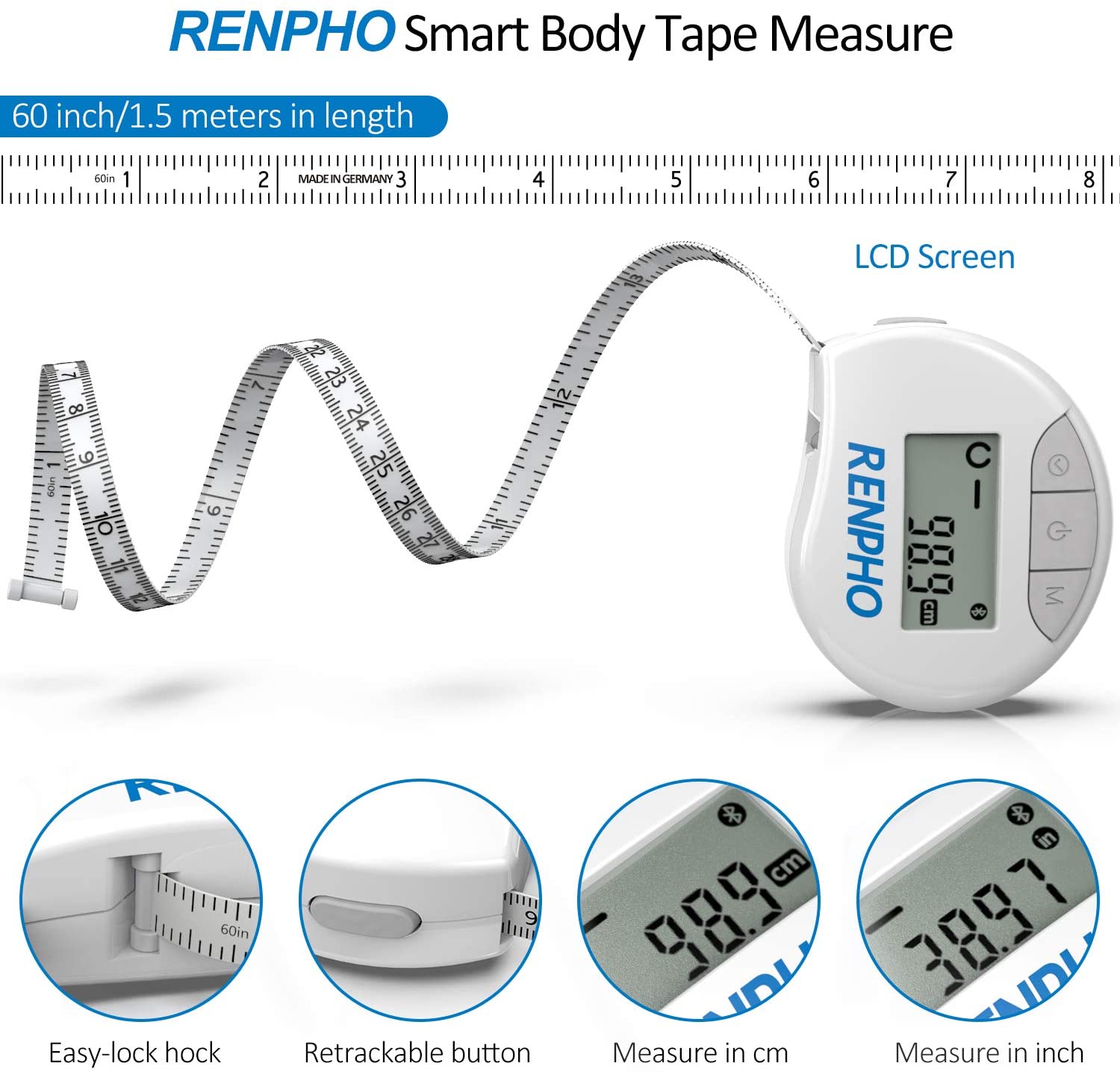 60inch/150cm Body Measuring Tape with App - RENPHO Bluetooth Measuring  Tapes for Body Measuring, Retractable Button, Easy-Lock Hook, LED Monitor  Display 