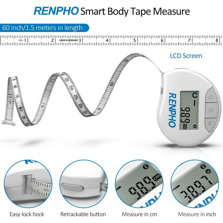 60inch/150cm Body Measuring Tape with App - RENPHO Bluetooth Measuring  Tapes for Body Measuring, Retractable Button, Easy-Lock Hook, LED Monitor  Display 