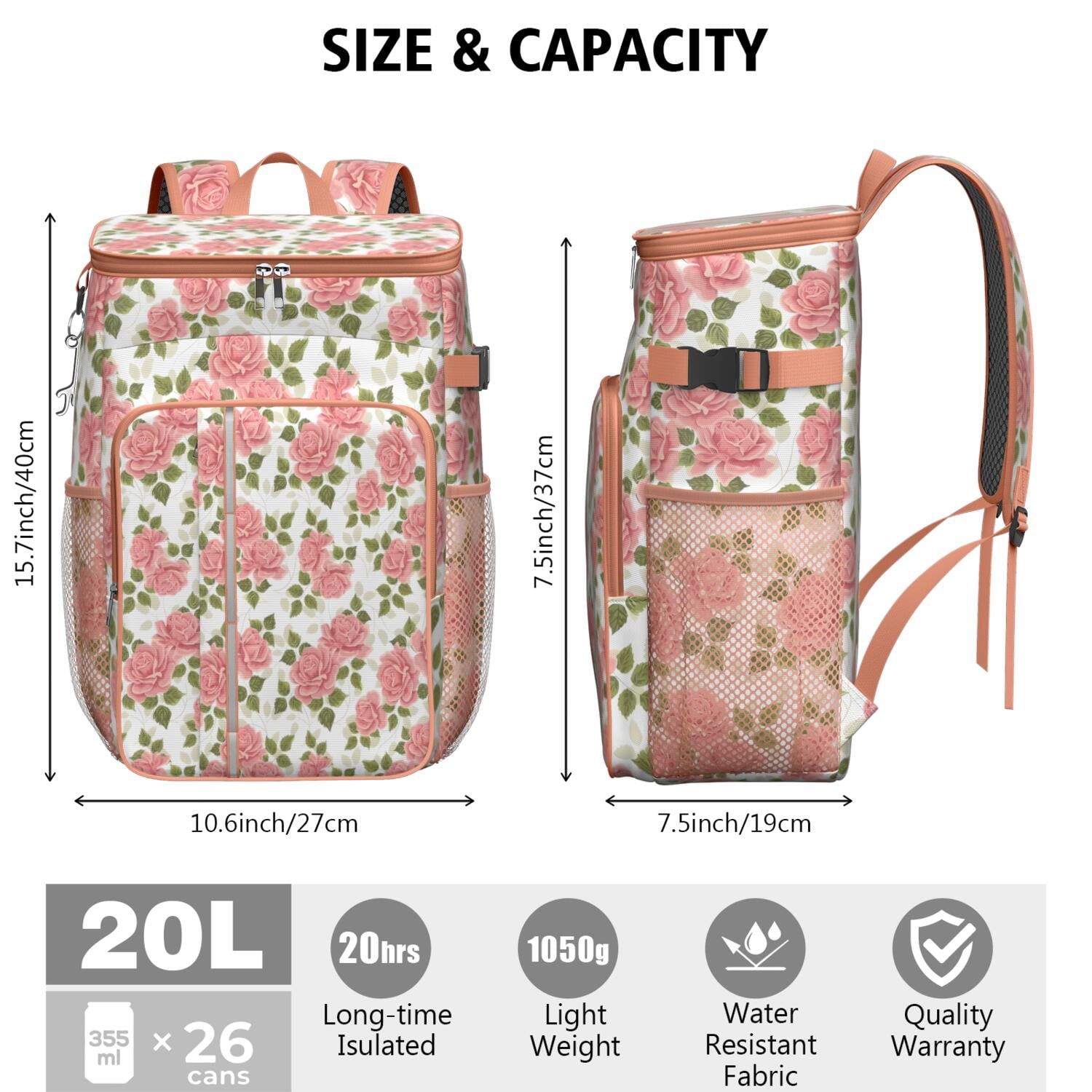 Travel Cooler Bag - Pioneer Flower Floral Print Pattern Camping Beer Cooler Backpack with Bottle Opener- Waterproof Insulated Picnic Backpacks - Cooler Bag for Beach