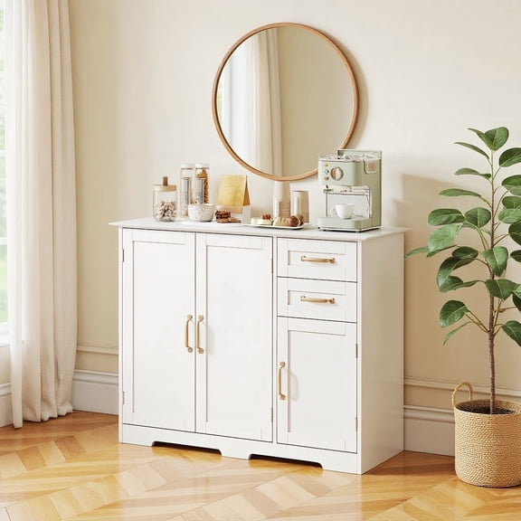 Resenkos 40 Inch Modern Kitchen Sideboard Buffet Cabinet, 2 Drawer Adjustable Shelf Storage Cabinet for Home, White