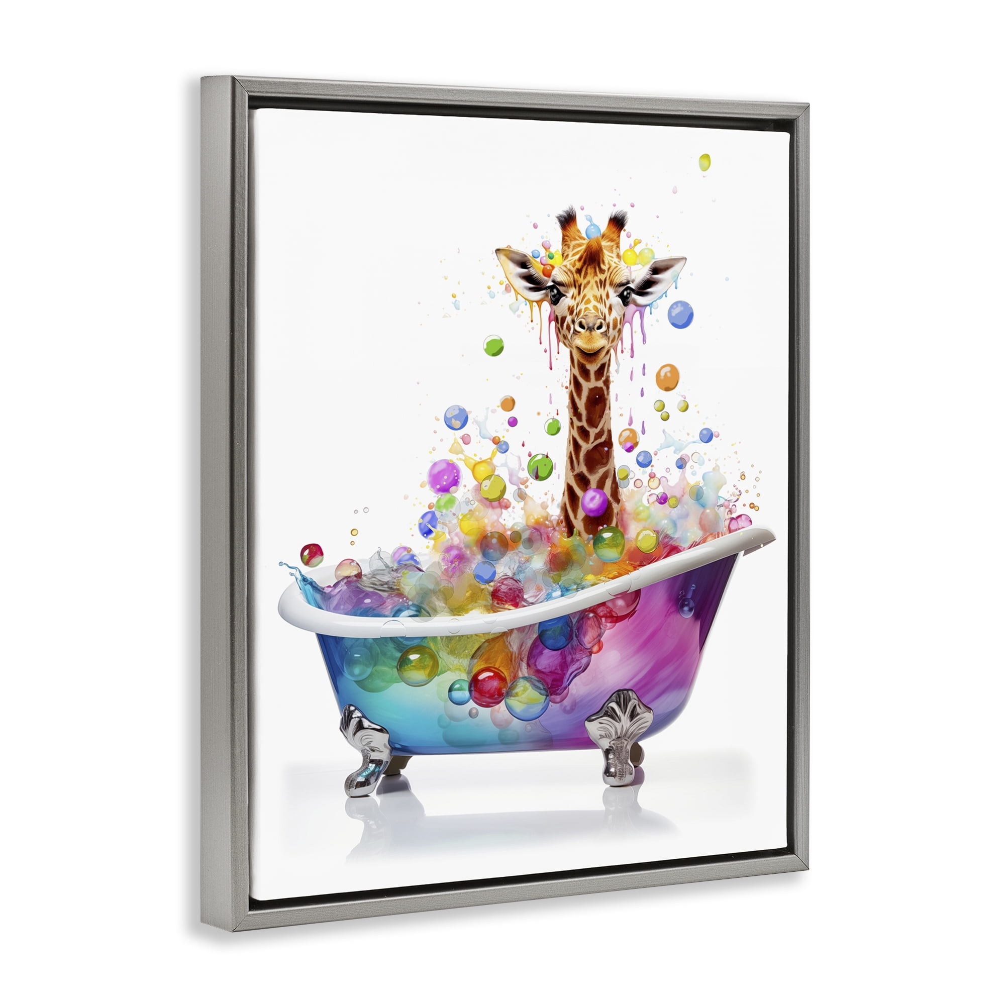 Stupell Industries Rainbow Bubble Bath Giraffe Bath & Laundry Painting Gray Floater Framed Canvas Art Print Wall Art, 17 x 21
