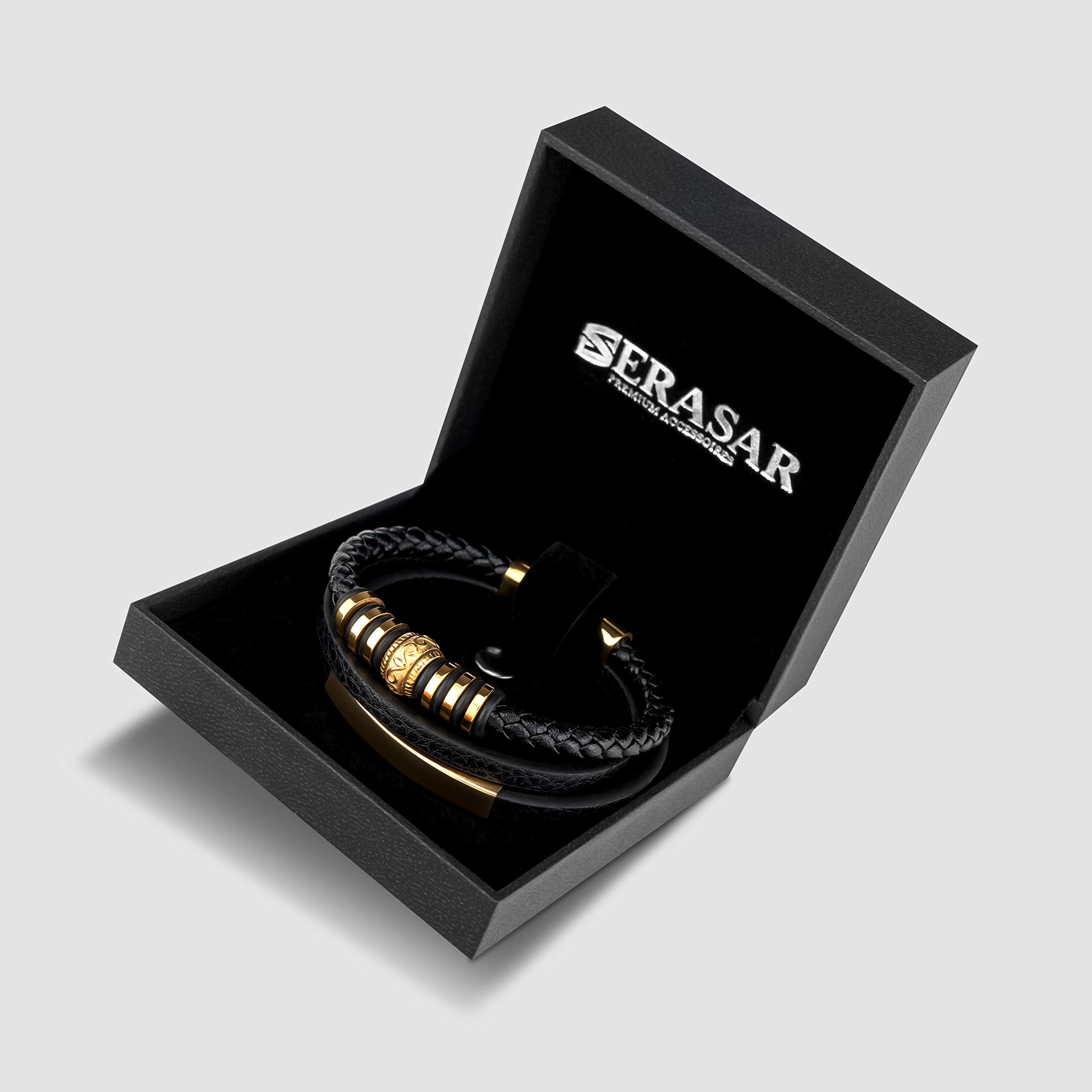 SERASAR Leather Bracelet for Man "Shine" with stainless steel magnetic closure, Gold 17cm, including gift box