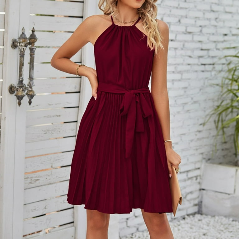 Women A Line Dress Solid Color Halter Neck Sun Dress for Cocktail