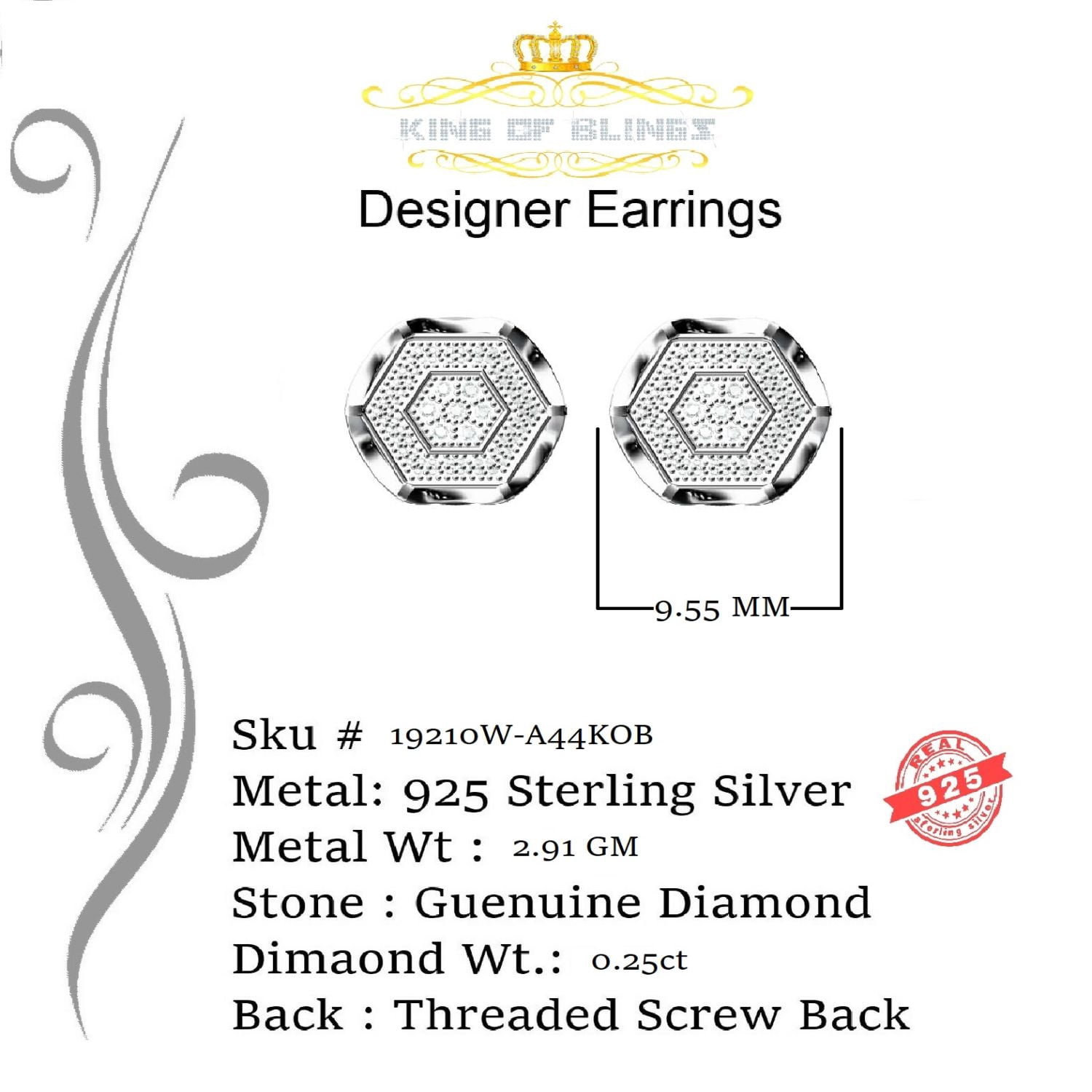 King of Bling's 0.25ct Diamond Stud Hexagon Earrings For Women White 925 Sterling Silver For Men