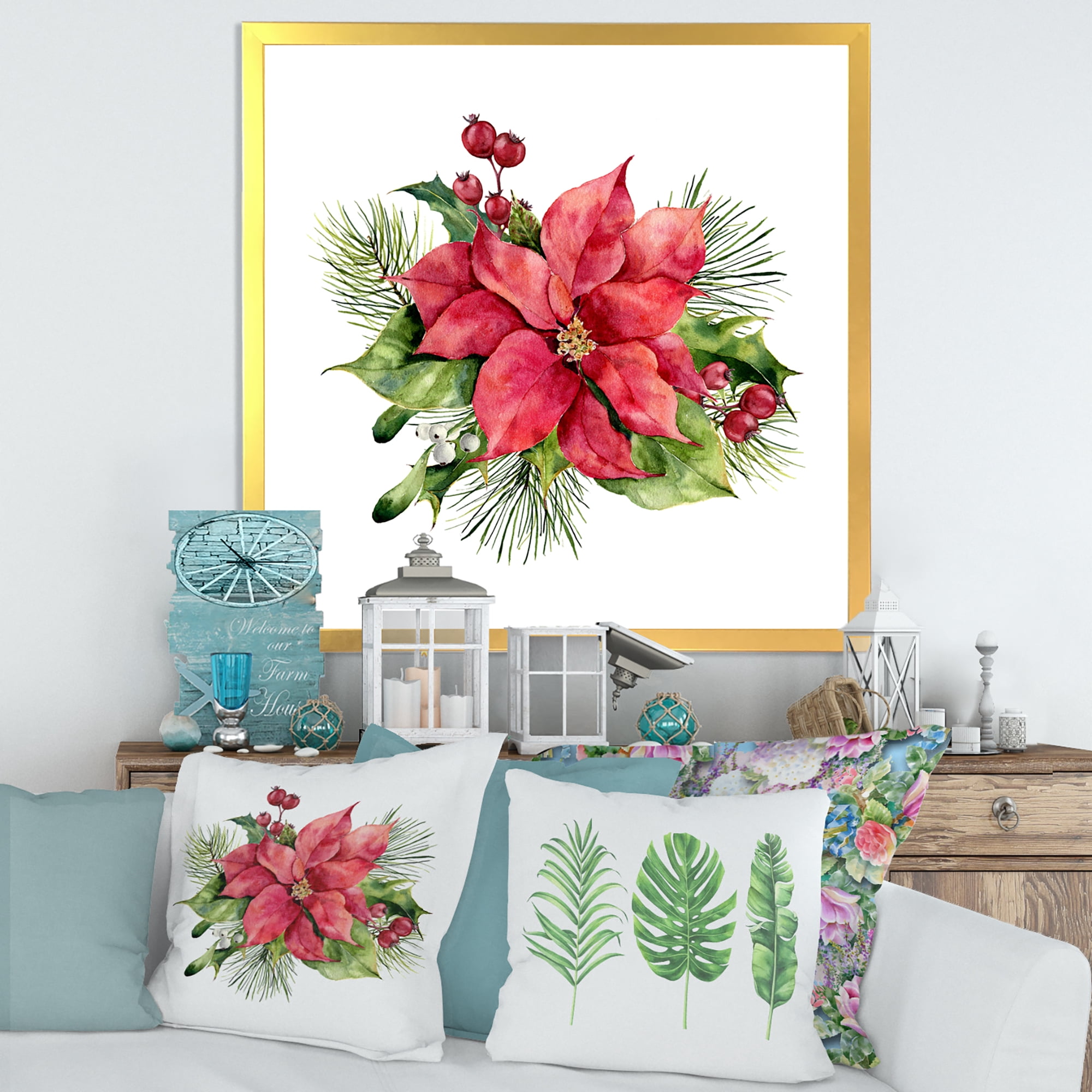 Designart 'Christmas Fir Branch and Holly Mistletoe Berries I' Traditional Framed Art Print