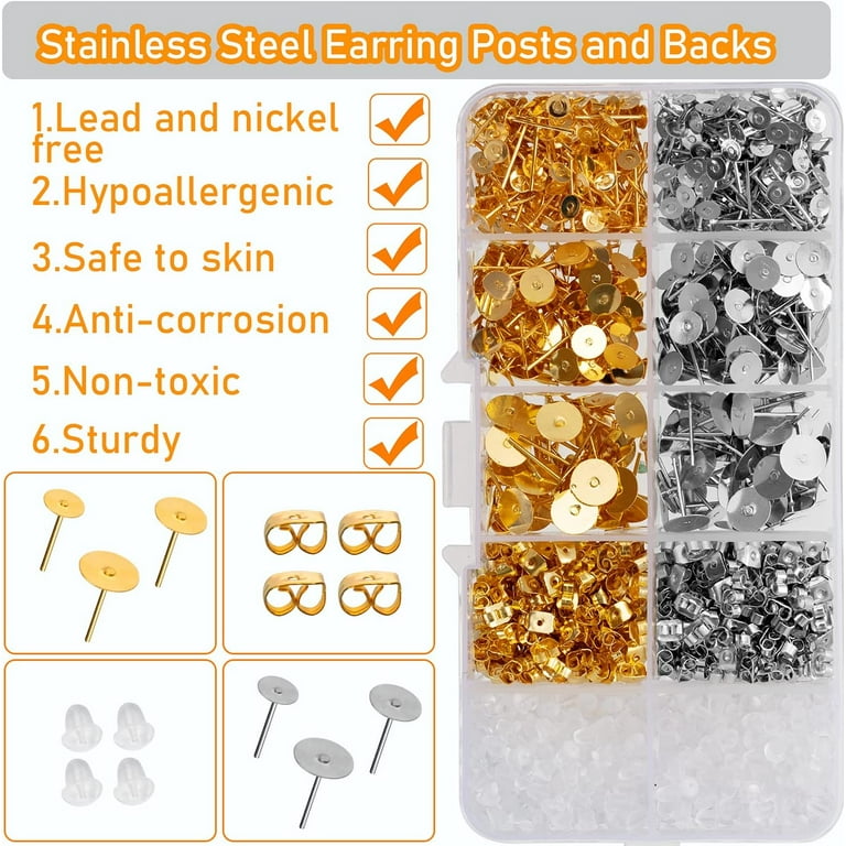  1460 Pcs Earring Making Kit Hypoallergenic Earring Posts and  Backs for Jewelry Making Findings DIY Earring Studs Butterfly Earring Backs  Rubber Bullet Earring Backs Earrings Flat Pad with Blank Pin 