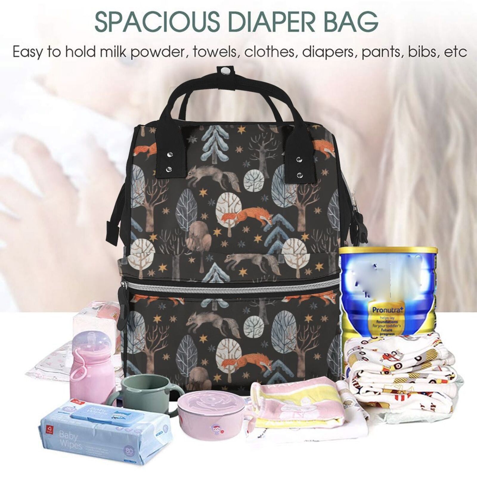 Fuzoiu Fox In The Forest Print Diaper Bag Backpack,Baby Essentials Travel Tote,Multi function Waterproof Diaper Bag, Travel Essentials Baby Bag - Unisex