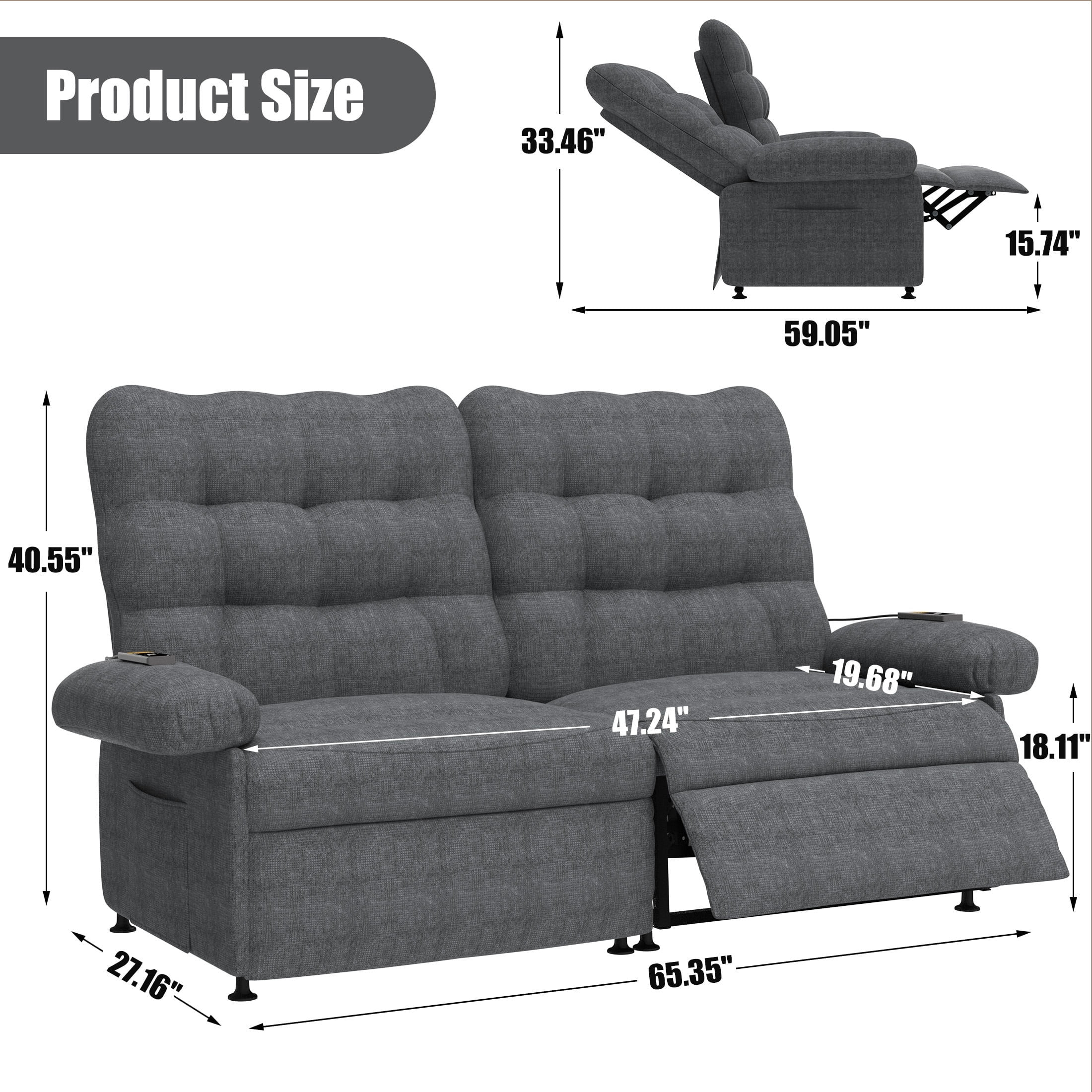 Loveseat Recliner, 2 Seat Electric Reclining Loveseat with Remote Control and Side Pocket for Adults and Elderly, Ergonomic Lounge Sofa for Living Room Home Theater, Gray